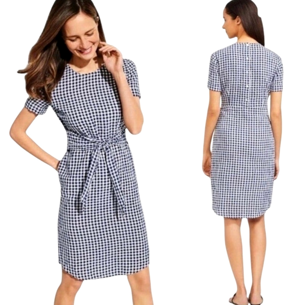 J. McLaughlin Sadie Gingham Dress 6 Blue White Check Linen Blend Lagenlook Beach